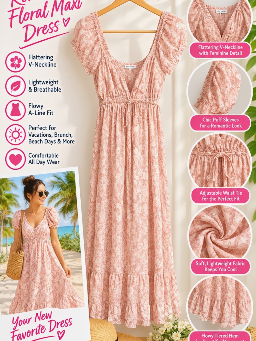 Flowy Blush Floral V-Neck Maxi Dress with Puff Sleeves